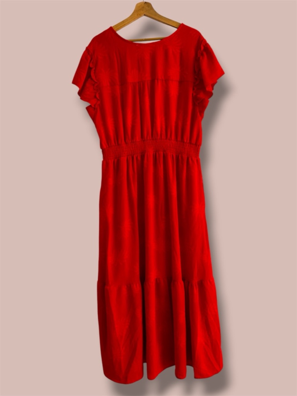 C BY ONE Plus Size 1X Red Orange Maxi Dress RUFFLE SLEEVE SMOCKED WAIST POCKETS - Picture 5 of 9